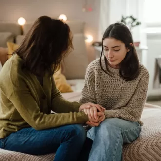 A care worker consoling a teenage girl in her room